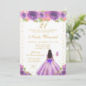 Purple Floral Dark Skin Princess Birthday Party 招待状 (スタンド正面)
