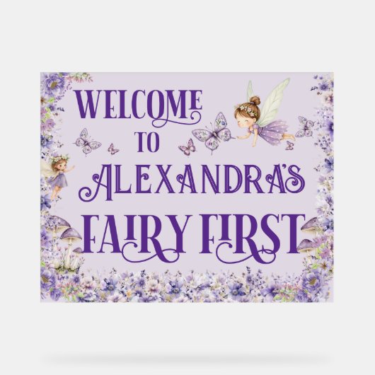 Purple Floral Fairy First 11x14 Birthday Welcome アクリルサイン (正面)