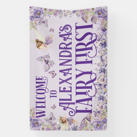Purple Floral Fairy First Birthday Welcome 横断幕 (縦)