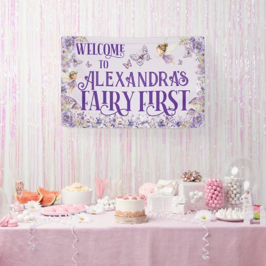 Purple Floral Fairy First Birthday Welcome 横断幕 (パーティー)