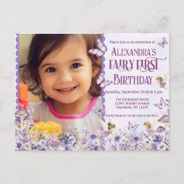 Purple Floral Fairy First QR Code Photo Birthday インビテーションポストカード