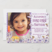 Purple Floral Fairy First QR Code Photo Birthday 招待状 (正面)
