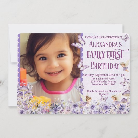 Purple Floral Fairy First QR Code Photo Birthday 招待状 (正面)
