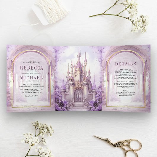 Purple Floral Fairytale Castle All in One Wedding 三つ折り招待状
