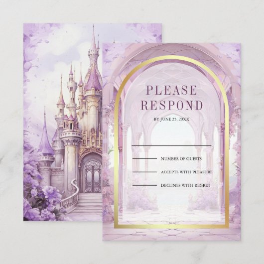 Purple Floral Fairytale Castle Wedding 出欠カード (正面/裏面)