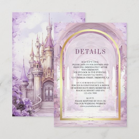 Purple Floral Fairytale Castle Wedding Details エンクロージャーカード (正面/裏面)