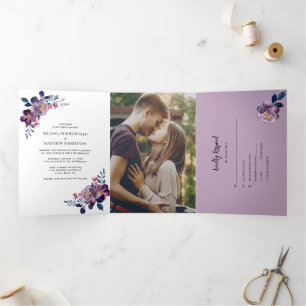 Purple Floral Fall Script Geometric Wedding 三つ折り招待状