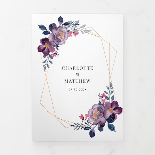 Purple Floral Fall Script Geometric Wedding 三つ折り招待状 (カバー)