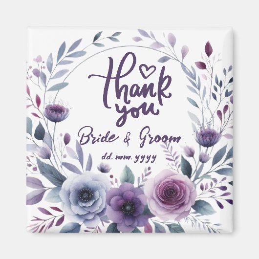 Purple Floral Frame Thank You Wedding Favors マグネット (正面)