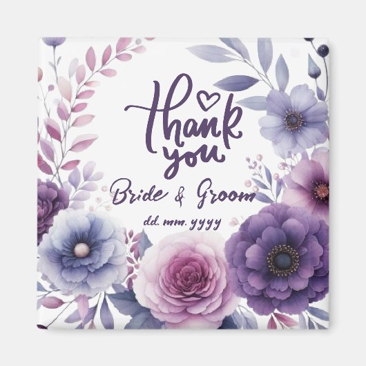 Purple Floral Frame Thank You Wedding Favors マグネット (正面)