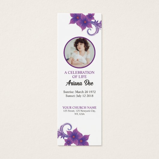 Purple Floral Funeral Bookmark Template (正面)