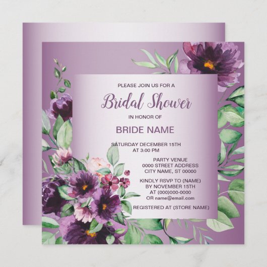 Purple Floral Geometric Greenery Bridal Shower 招待状 (正面/裏面)