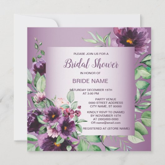 Purple Floral Geometric Greenery Bridal Shower 招待状 (正面)