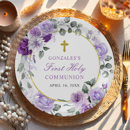 Purple Floral Girl First Holy Communion ペーパープレート