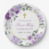 Purple Floral Girl First Holy Communion ペーパープレート (正面)