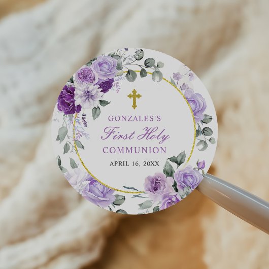 Purple Floral Girl First Holy Communion ラウンドシール