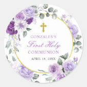 Purple Floral Girl First Holy Communion ラウンドシール (正面)