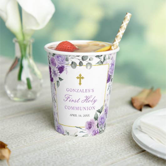 Purple Floral Girl First Holy Communion 紙コップ (インサイチュ)
