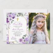 Purple Floral Girl First Holy Communion Photo 招待状 (正面)