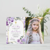 Purple Floral Girl First Holy Communion Photo 招待状 (スタンド正面)
