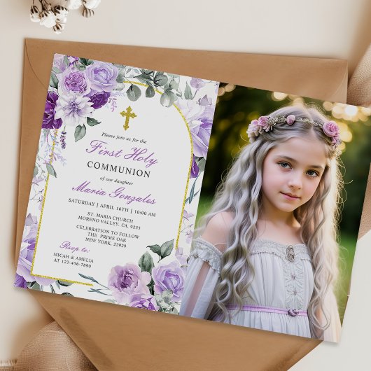 Purple Floral Girl First Holy Communion Photo 招待状