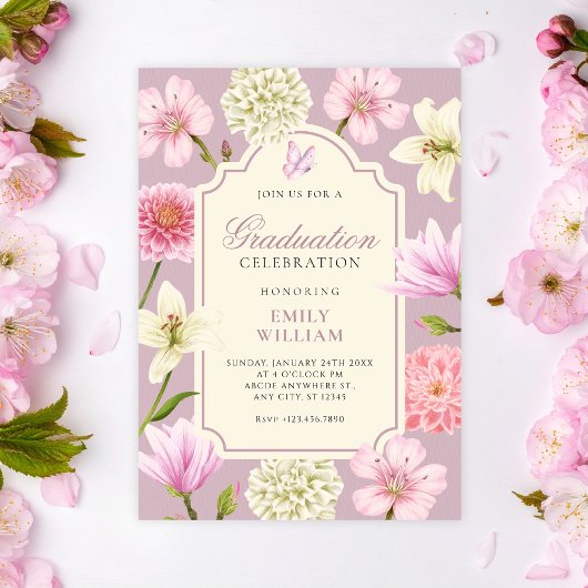 Purple floral graduation 招待状