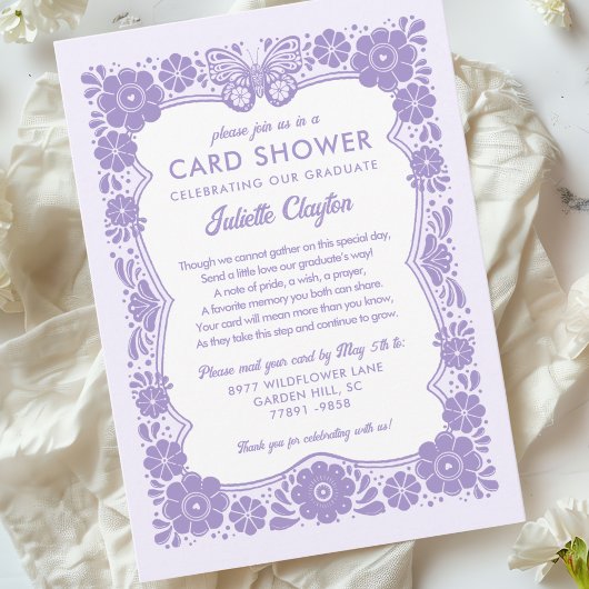 Purple Floral Graduation Card Shower Invitation 招待状