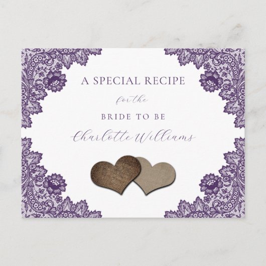 Purple Floral Lace Bridal Shower Recipe Card ポストカード (正面)