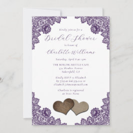 Purple Floral Lace Burlap Hearts Bridal Shower 招待状