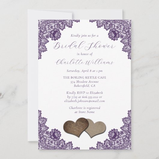 Purple Floral Lace Burlap Hearts Bridal Shower 招待状 (正面)