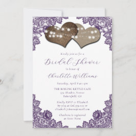 Purple Floral Lace Burlap Hearts Bridal Shower 招待状