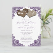 Purple Floral Lace Burlap Hearts Bridal Shower 招待状 (スタンド正面)