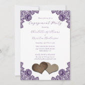 Purple Floral Lace Burlap Hearts Engagement Party 招待状 (正面)