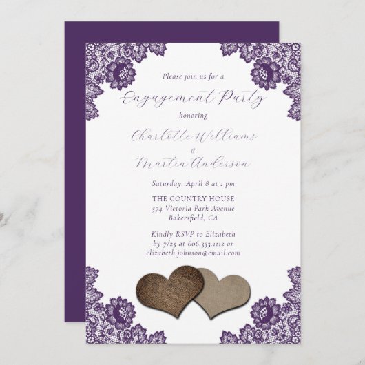 Purple Floral Lace Burlap Hearts Engagement Party 招待状 (正面/裏面)