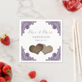 Purple Floral Lace Burlap Hearts Mr & Mrs Wedding スタンダードカクテルナプキン (インサイチュ)