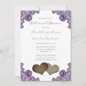 Purple Floral Lace Burlap Hearts Rehearsal Dinner 招待状 (正面)