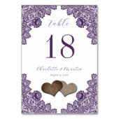 Purple Floral Lace Burlap Hearts Rustic テーブルナンバー (裏面)