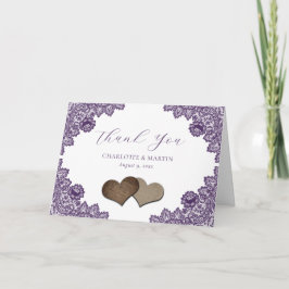 Purple Floral Lace Burlap Hearts Rustic Wedding サンキューカード
