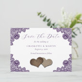 Purple Floral Lace Burlap Hearts Rustic Wedding セーブザデート (スタンド正面)