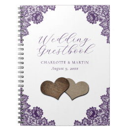 Purple Floral Lace Burlap Hearts Wedding Guestbook ノートブック