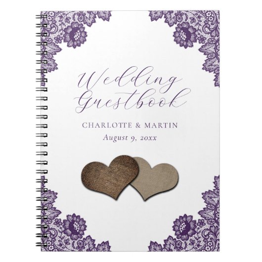 Purple Floral Lace Burlap Hearts Wedding Guestbook ノートブック (正面)
