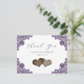 Purple Floral Lace Burlap Hearts Wedding Thank You ポストカード (スタンド正面)