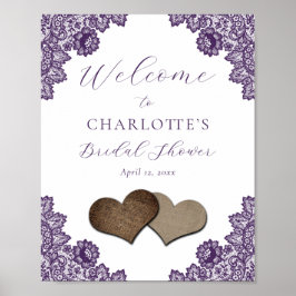 Purple Floral Lace Rustic Bridal Shower Sign ポスター