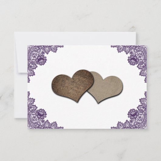 Purple Floral Lace Rustic Burlap Hearts Wedding 出欠カード (裏面)
