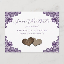 Purple Floral Lace Rustic Wedding Save The Date 案内ポストカード