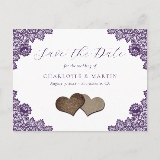 Purple Floral Lace Rustic Wedding Save The Date 案内ポストカード (正面)