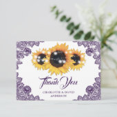 Purple Floral Lace String Lights Sunflower Wedding サンキューカード (スタンド正面)