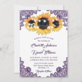 Purple Floral Lace String Lights Sunflower Wedding 招待状