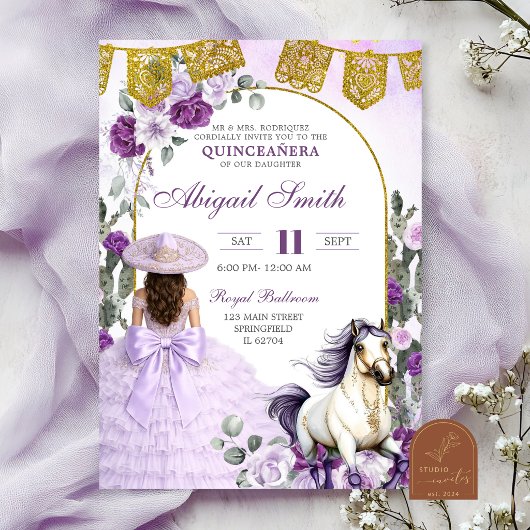 Purple Floral Mexican Charra Quinceanera 招待状