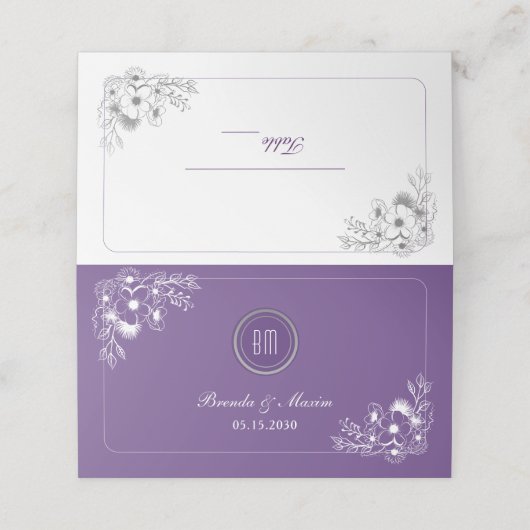 Purple Floral Monogram Wedding プレイスカード (外部開封)